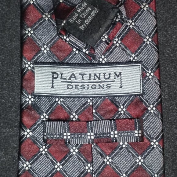 ​Platinum Designs,100% Silk,(REPP) Burgundy Red,Grey Plaid Geometric Tie - Picture 3 of 5